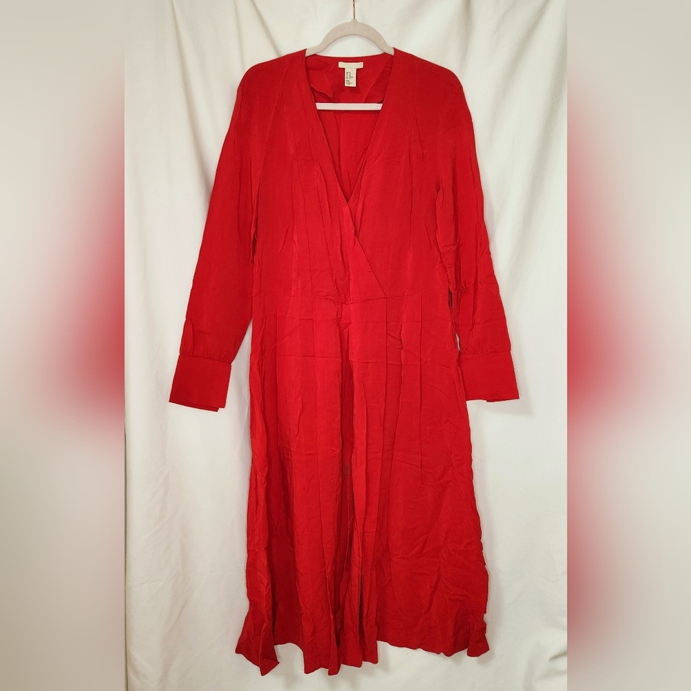 H&M Red Rayon Faux Wrap Dress size 10